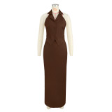 Sleeveless lapel suit vest zipper split skirt two-piece set