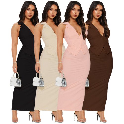 Sleeveless lapel suit vest zipper split skirt two-piece set