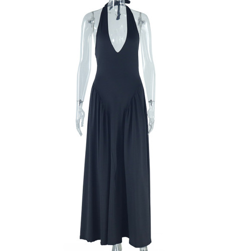 Hanging neck solid color dress sleeveless top skirt