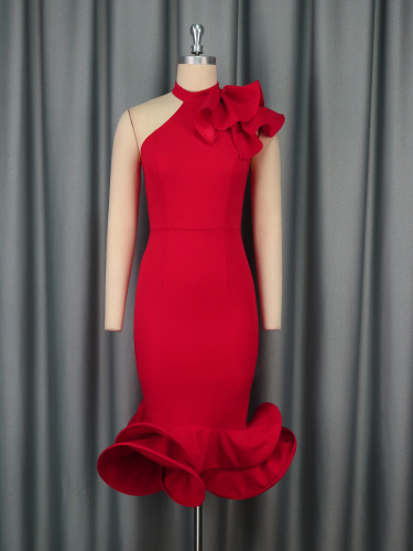 Half high collar ruffle edge jumpsuit with off shoulder ruffle hem evening gown
