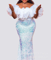 One shoulder organza wrapped chest bead high waisted jumpsuit long skirt