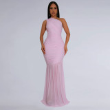 Slanted Shoulder Perspective Solid Color Dress
