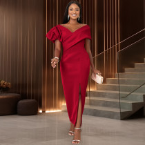 Lantern sleeve dress V-neck dress