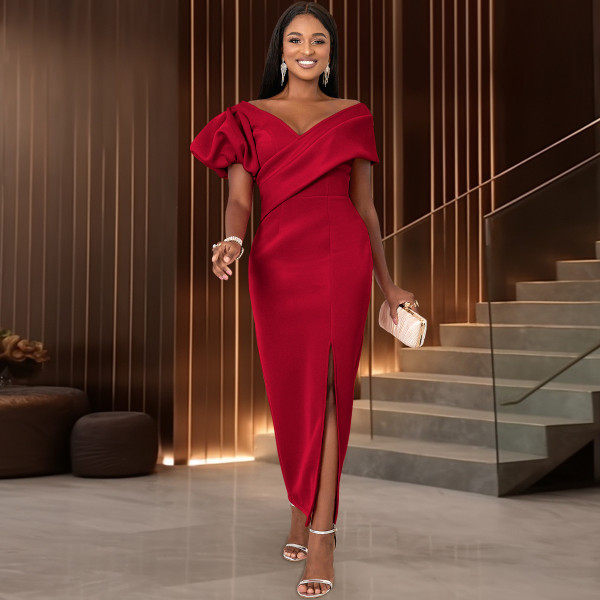 Lantern sleeve dress V-neck dress