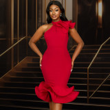 Half high collar ruffle edge jumpsuit with off shoulder ruffle hem evening gown
