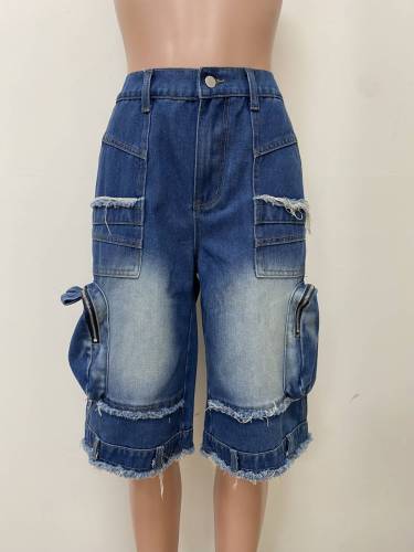 Loose zipper, large pocket, tassel shorts