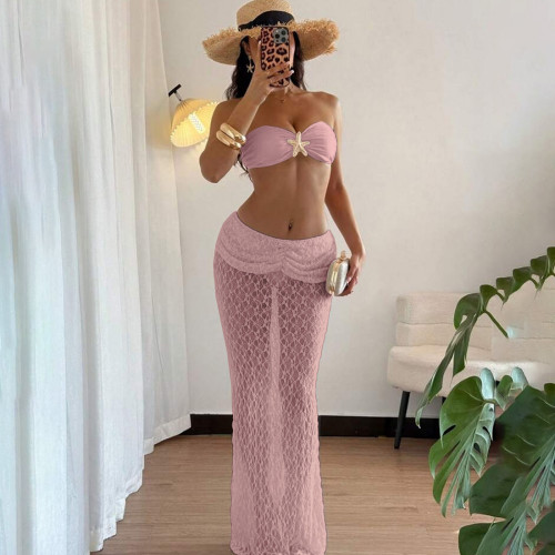 Strap strapless lace long skirt two-piece set