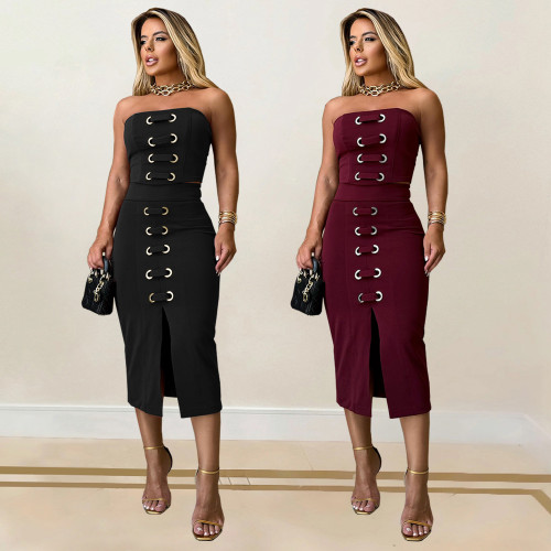Strapless top, split skirt