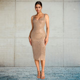 Backless rhinestone camisole wrapped arm dress