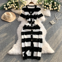 V-neck short sleeved button knit dress, hip hugging skirt