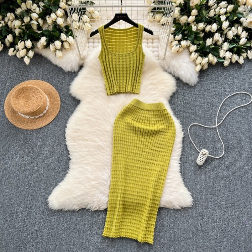 Short vest top paired with high waisted half body knitted skirt two-piece set