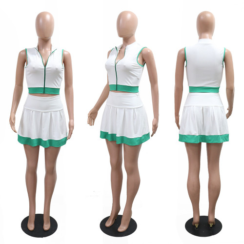 Sleeveless Zipper Top with Short Skirt Set