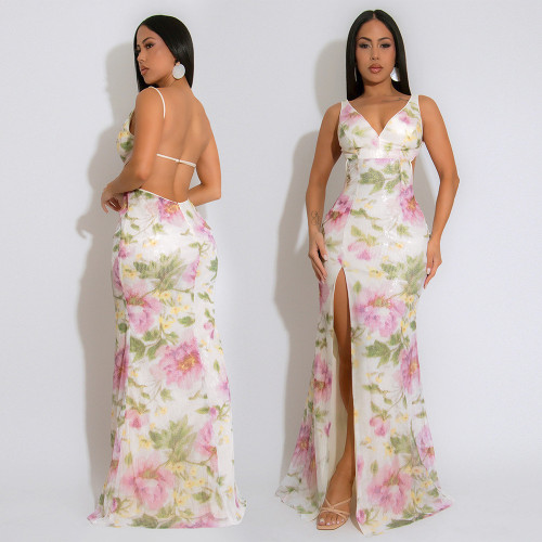 Strap V-neck high slit sequin dress with velvet bead print long skirt