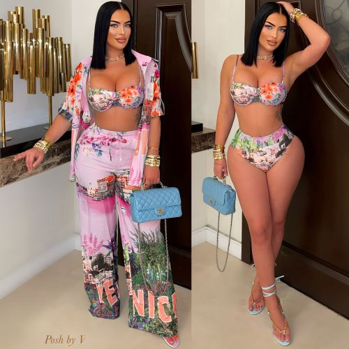 Printed shirt and pants four piece set