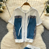 Leopard print patchwork hooded sweatshirt high waisted split hip skirt set