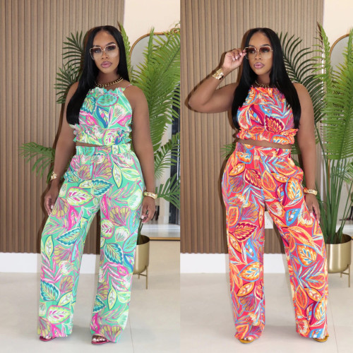 Printed set, high neck hanging vest, high waist long pants, two-piece set