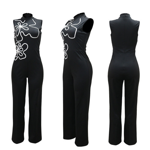 Round neck sleeveless one-piece floral jumpsuit pants
