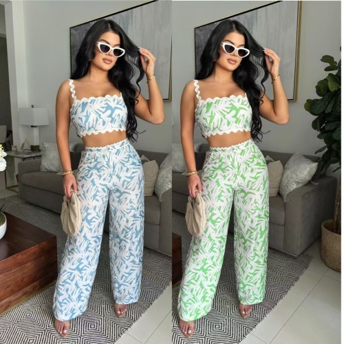 Printed suspender wrapped chest lace contrasting bell bottom pants set