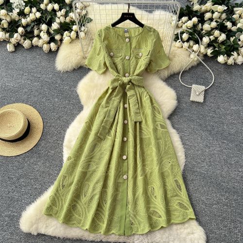 Single breasted hollowed out embroidered round neck waist cinched short sleeved dress