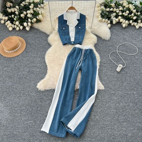 Collar sleeveless denim vest, high waist wide leg straight leg pants