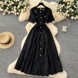 Single breasted hollowed out embroidered round neck waist cinched short sleeved dress