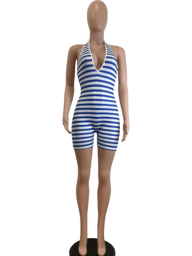 Striped printed hanging neck backless jumpsuit shorts