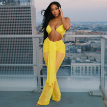 Hanging neck and exposed waist mesh drawstring see through hollow ribbon jumpsuit