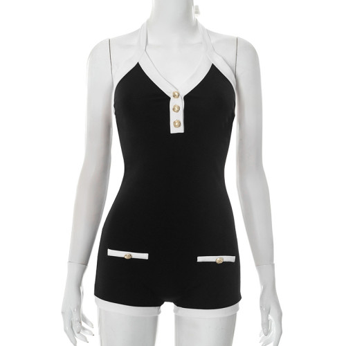 Hanging neck tie rope backless button fake pocket ultra short waist cinching jumpsuit