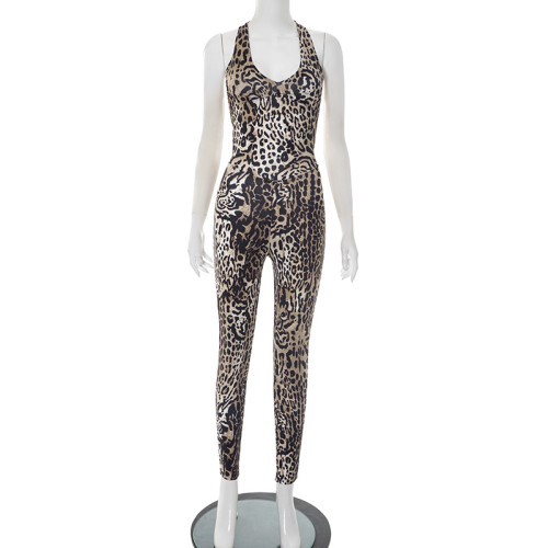 Hanging neck vest with hollowed out backless leopard print tight jumpsuit