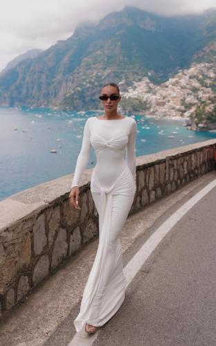Long sleeved ribbon long skirt round neck dress Party Dress BD2570