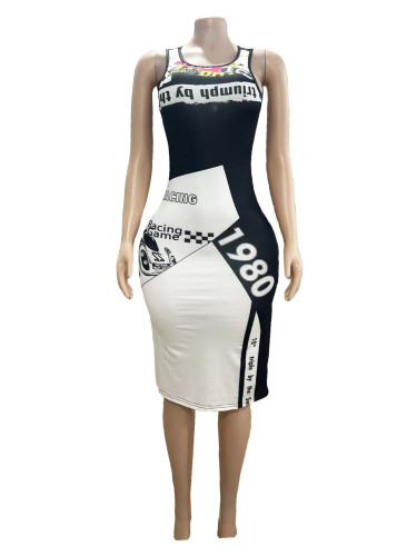 Motorcycle style digital printed vest tight dress