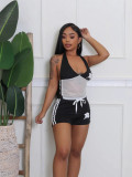 Hanging neck and backless printed vest, low waist and hip lifting shorts set