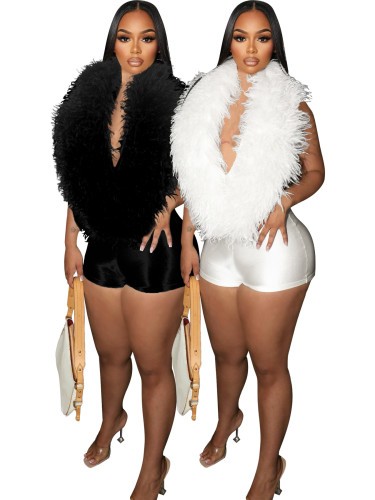 Feather deep V-neck jumpsuit shorts HR25026