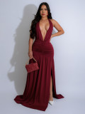 Hanging neck V-neck long skirt with slit and pleated backless dress