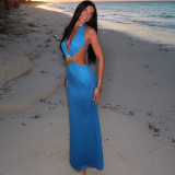 Solid color deep V-neck halter backless slim fit dress