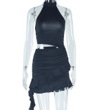 Sleeveless dress with high neck, pullover, and hip hugging skirt
