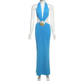 Solid color deep V-neck halter backless slim fit dress