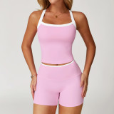 Color blocking cross back tight yoga suit shorts set