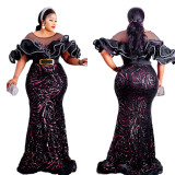 One shoulder rose glitter fish tail long skirt