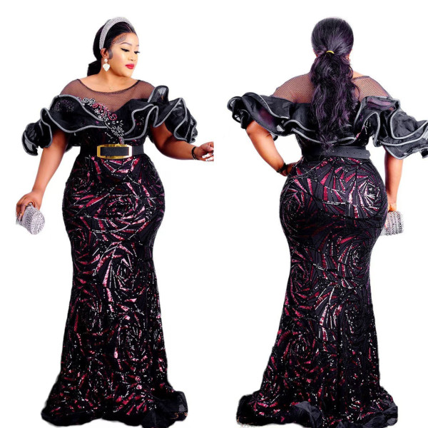 One shoulder rose glitter fish tail long skirt