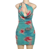 Slanted shoulder mesh backless lace up, hip hugging printed dress