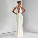 Deep V-neck hanging neck pleated dress