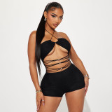 Bead string with cross hanging neck, hollowed out mesh, backless jumpsuit