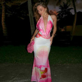 Printed waist cinching backless lace up dress
