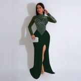 Hot stamping pearl perspective waist bag hip slit dress K2986