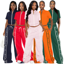 Sports strap buckle loose pocket wide leg pants zipper set
