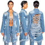 Broken hole tassel cardigan long sleeved denim trench coat