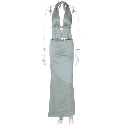 Hanging neck and chest half skirt two-piece set
