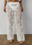 Lace embroidery low waisted straight leg pants with transparent jacquard long pants