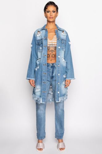 Broken hole tassel cardigan long sleeved denim trench coat